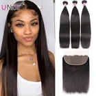 Волосы UNice 13x4, кружевная Фронтальная застежка с 3 пряди, бразильские прямые человеческие волосы, пряди, кружева, 4 шт.