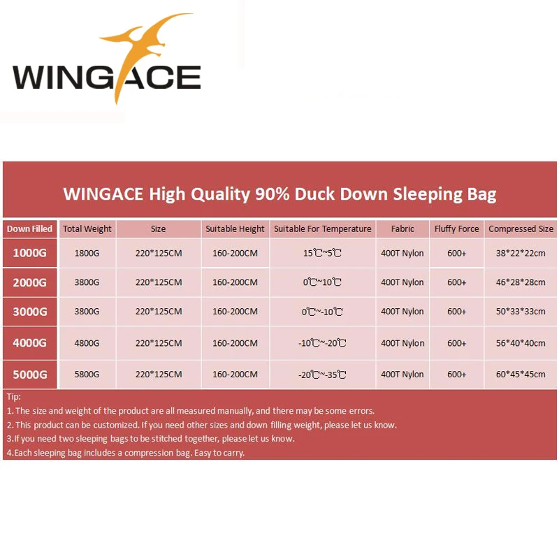 WINGACE спальный мешок из утиного пуха наполнитель 1000 г 2000 3000 4000 5000 вниз конверт