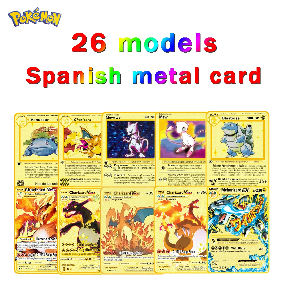 

26 Style Spanish Pokemon Metal Cards Charizard Pikachu Anime Pokémon Collection Card Gold GX MEGA VMAX Game Cards Kids Toys Gift