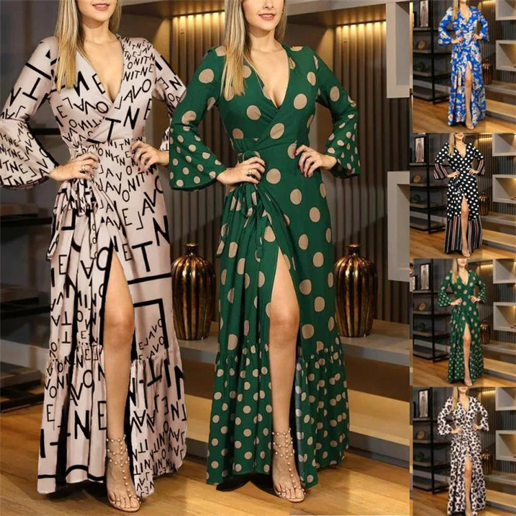 

HAOOHU Floral Maxi Plus Size Dress for Women Autumn and Winter Fashion Sexy V-neck Print Polkadots Flared Long Sleeves Dress
