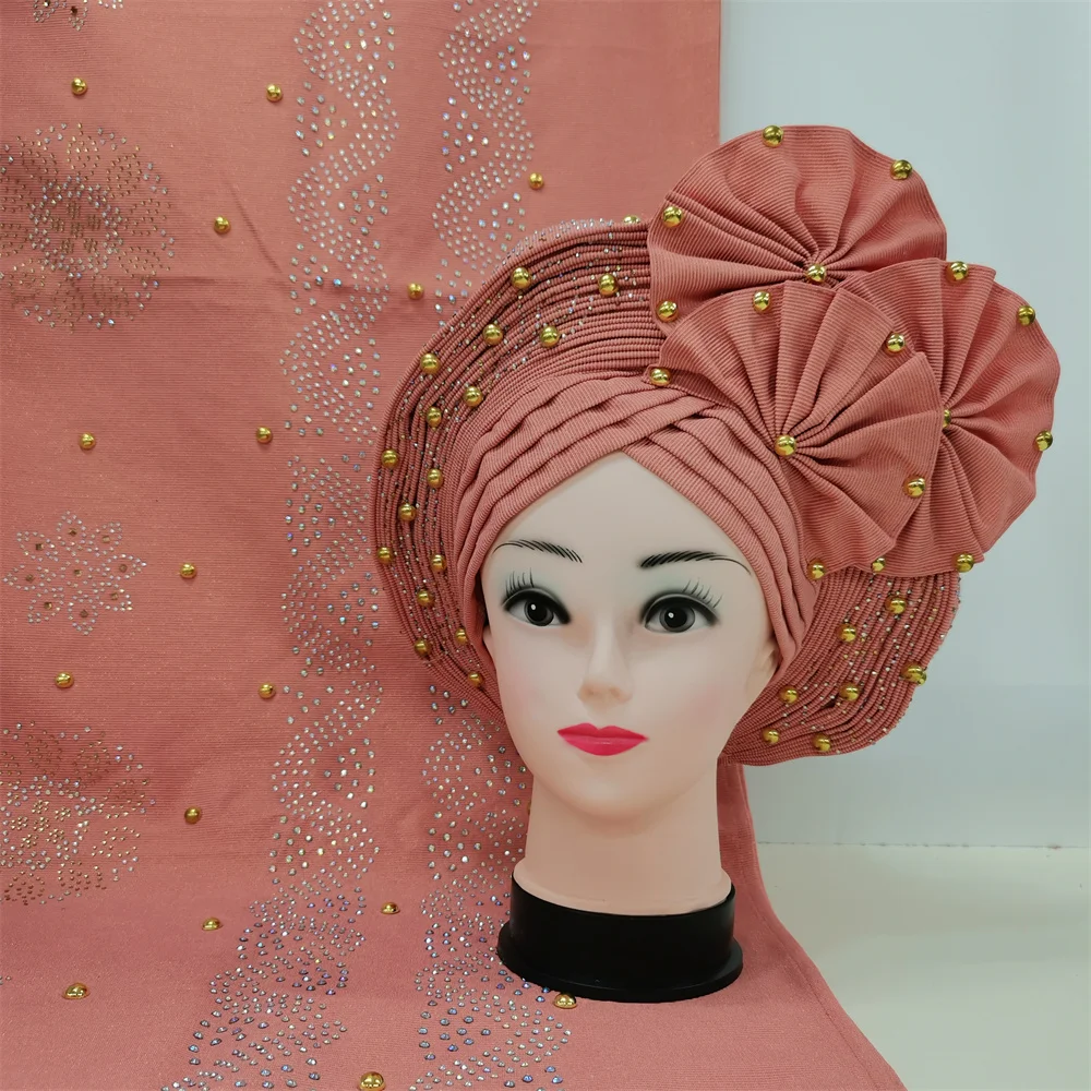 

High Quality African Nigeria Unique Headtie With Shawl Flower Stones Beads Headband Turban Head Scarf Peach Already Tied 2pcs