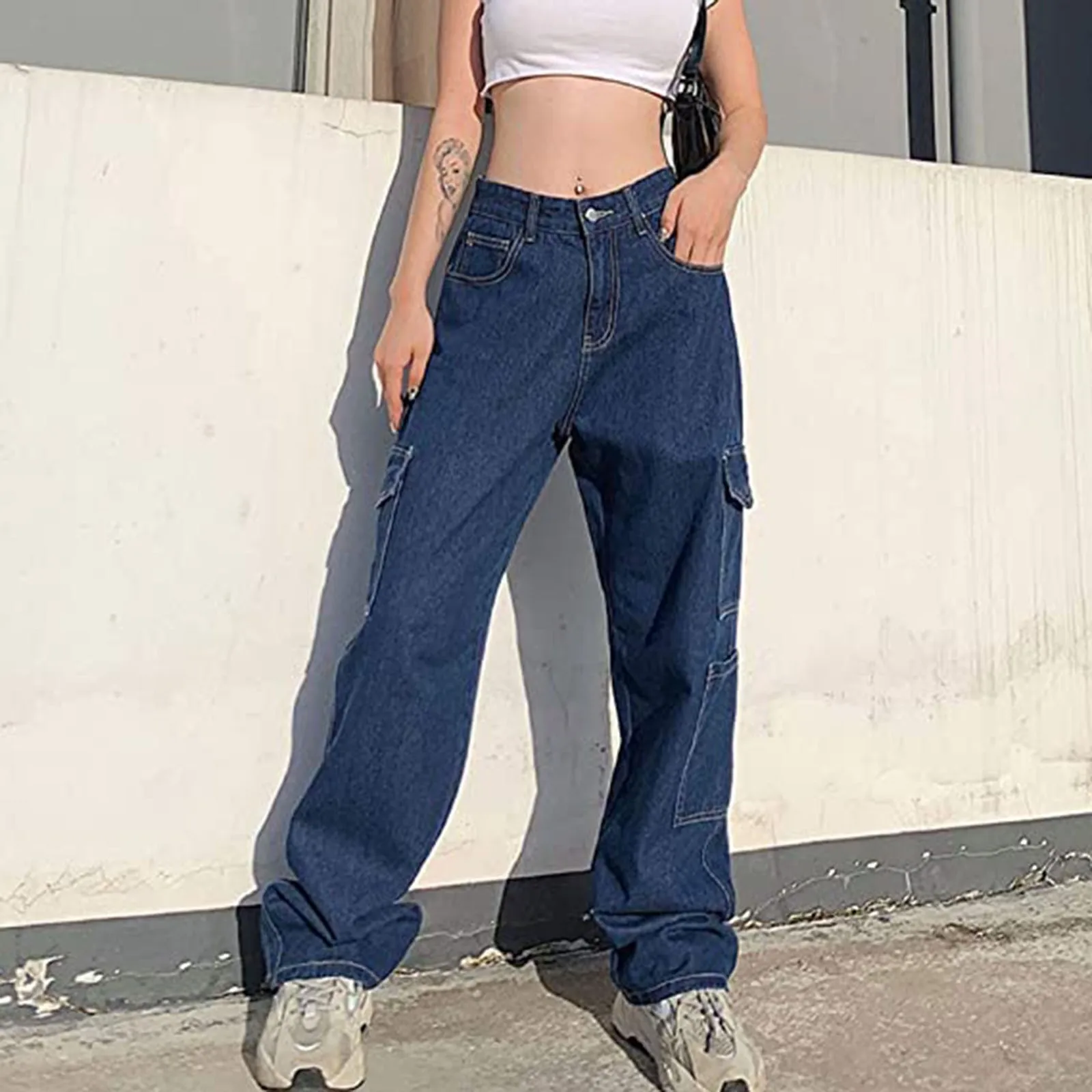 

Womens Loose Fit Jeans 2021 Big Pocket Wide-leghigh Waist Blue Wash Casual Cotton Denim Trousers Vintage Pants Streetwear R5