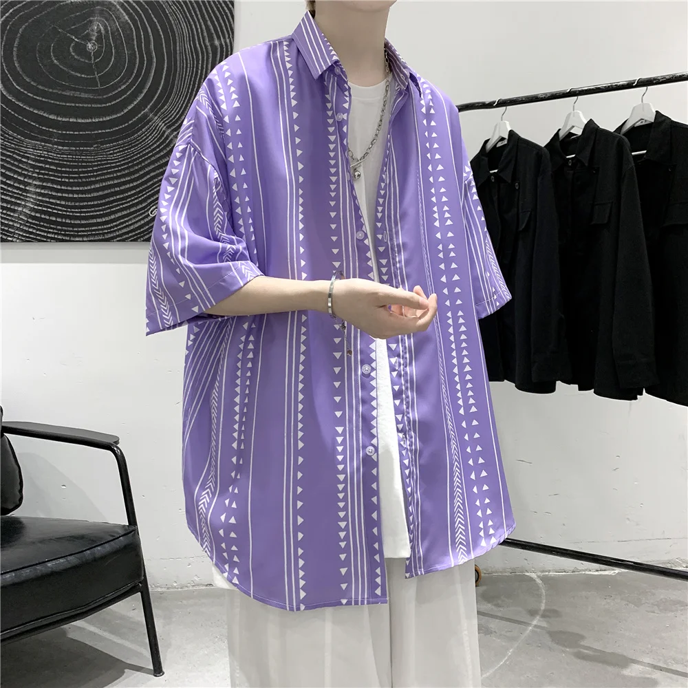 

2021 Striped Hip Hop Shirts Men's Cool Oversized Shirt Homme Japanese Tops Short Sleeve Shirt Streetwear Punk Blouse Clothing