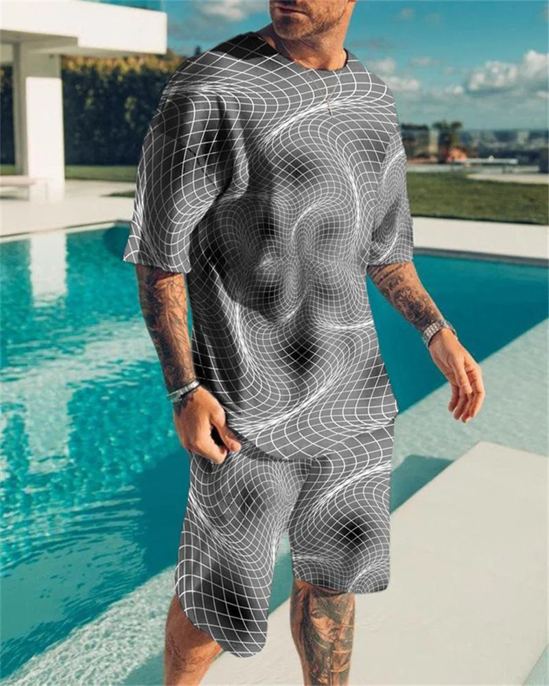 

2021 Summer Men's Suit 3D Geometric Group Print Sportswear Shorts Casual T-shirt Shorts