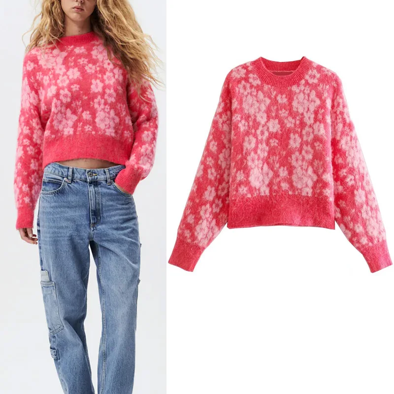 

Autumn Winter New Woman Print Sweater Za 2021 Fashion O-neck Long Sleeve Flower Pullover Casual Thick Warm Loose Sweater Female