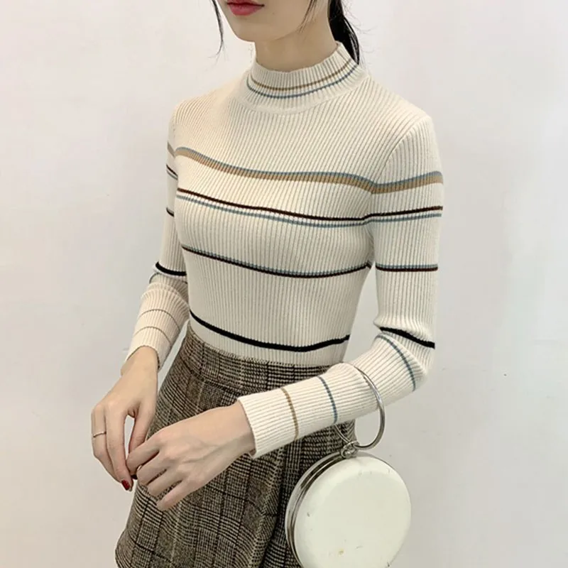 

Women Soft Autumn Pullovers Daily Turtleneck Sweaters Female Casual Striped Knitted Tops CY01