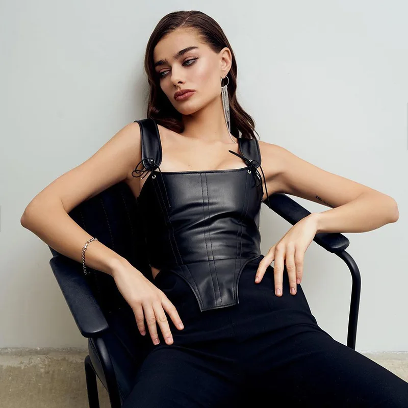 

Vintage PU Leather Corset Bandage Vest Gothic Strappy Corset Women Lace Up Crop Top Punk Style Sling Streetwear Clothing Mujer