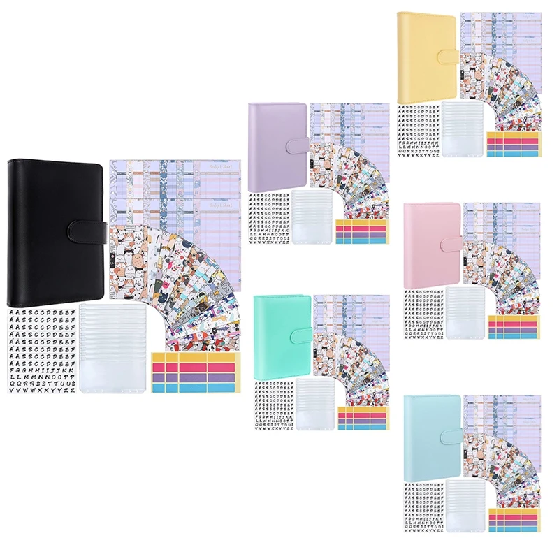 

PU Budget Binder Cash Organizer, Expense Budget Sheets,A6 PVC Bags Alphabet Stickers for Daily Money Planner Uses