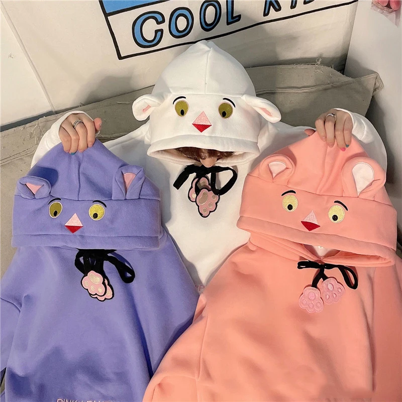 

Autumn and Winter Women's Sweater Plush Pink Embroidered Sweater Women's Coat Loose Fashion Student Hoodie Sweatshirt Women