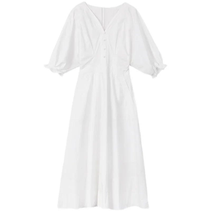 

VICONE French Style White Midi A-line Dress Women Slim Waist Puff Sleeve Ankel Lengthv Temperament New Summe Dresses