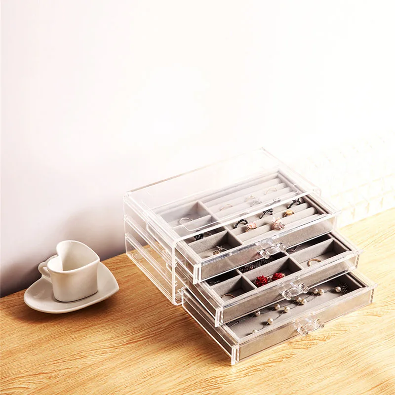 

Clear Acrylic Jewellery Storage Box Women 3 Drawers Velvet Organiser Earring Bracelet Necklace Rings Jewellery Case Holder New