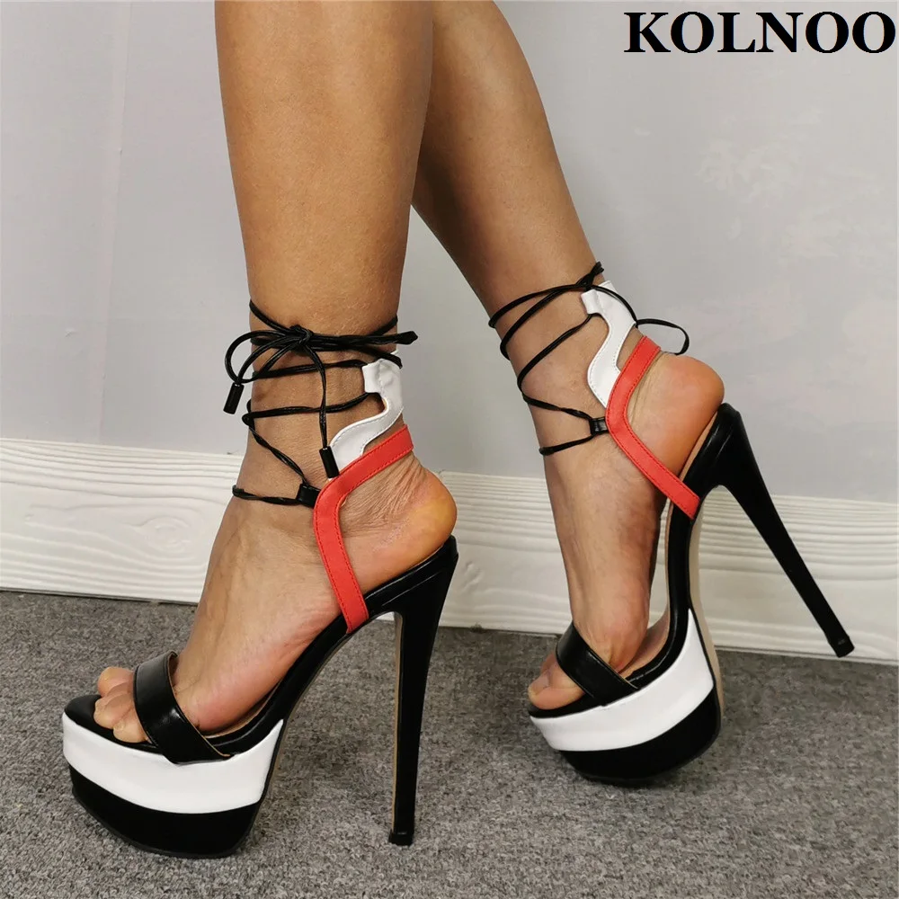 

Kolnoo New Handmade Ladies High Heeled Sandals Multicolored Patchwork Leather Sexy Summer Platform Evening Club Fashion Shoes