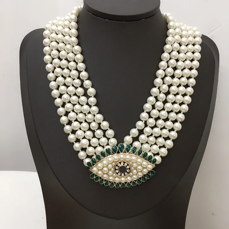 

2021 Hot Brand Women Vintage Big Eyes Pendants Pearls Chain Necklace Party Fine Fashion Jewelry