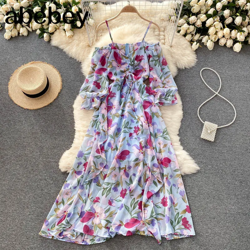 

Women Floral Strap Dress Korean Puff Sleeve Ruffles A-line Dress Summer Boho Off Shoulder Chiffon Beach Long Sundress