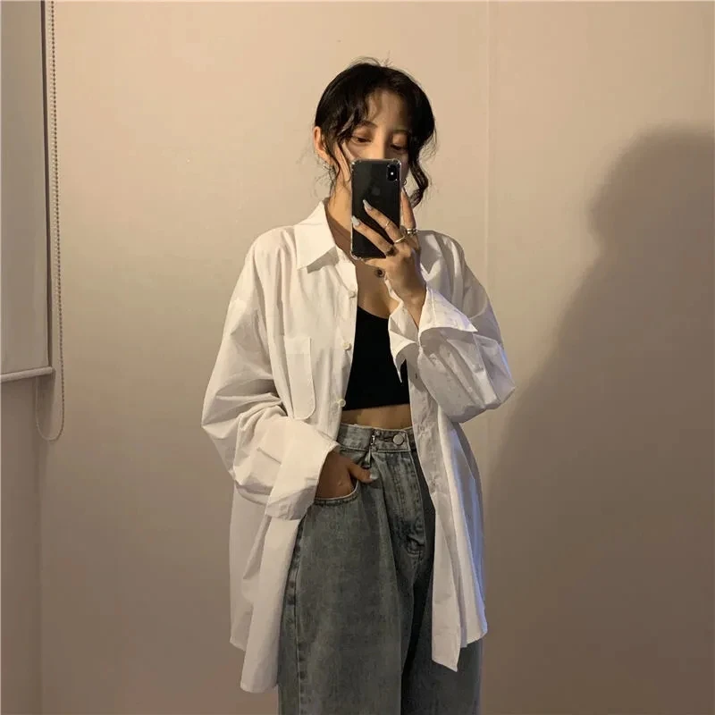 

Zadily 2021 Autumn Street BF Style Oversize Long Sleeve Button Up Women White Shirt Loose Basic Shirts Plus Size Female Clothing