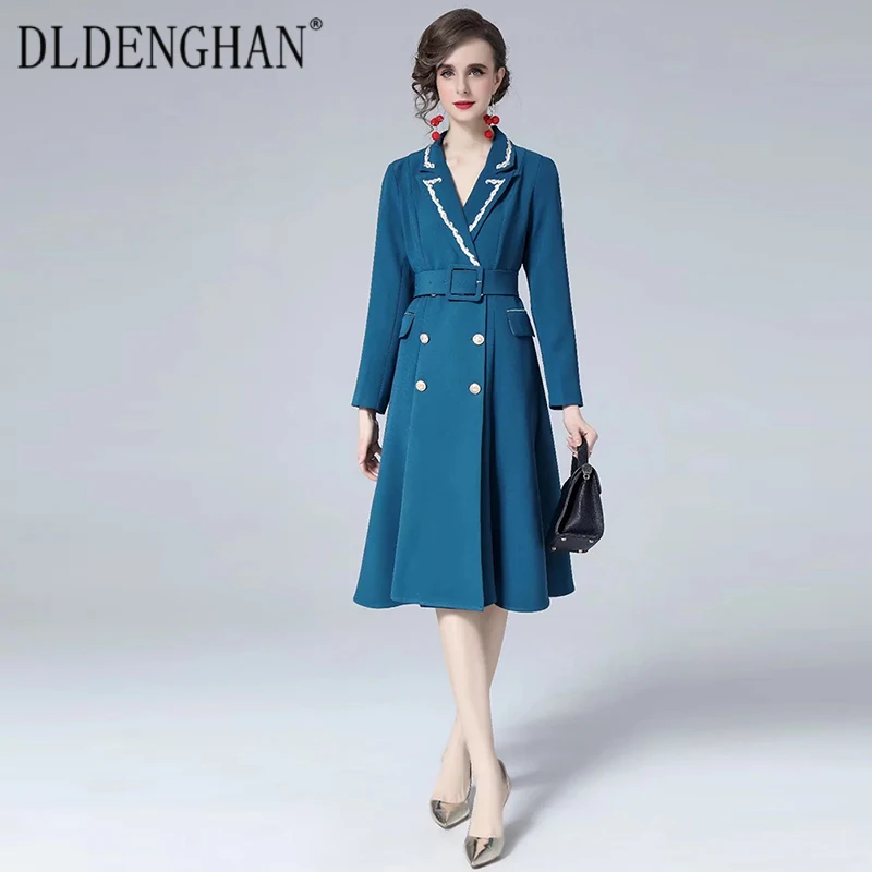 

DLDENGHAN Fashion Designer Autumn Winter Trench Coat Women Embroidery Turn-down Collar Sashes Double Breasted Overcoat Outwear