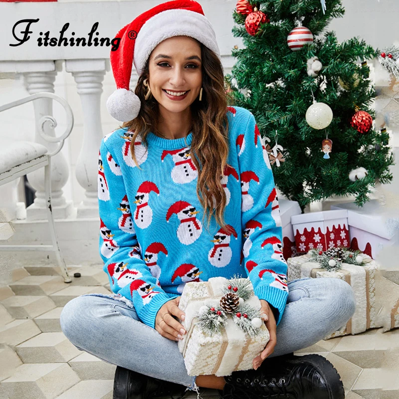 

Fitshinling Snowman Christmas Sweater Women Knitting Clothing Casual New Slim Pull Femme Long Sleeve Jumper Winter Tops Xmas