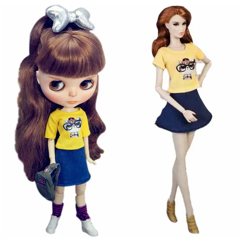 

Fashion Yellow Cartoon Cat Shirt Top Denim Skirt for Barbie Clothes Jeans 11.5" Doll Outfit Set for Blythe Accessory 1/6 BJD Toy