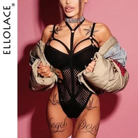 ellolace sheer knit fish net mesh bodysuit women sexy goth lingerie overalls hollow out sleeveless body black lace top