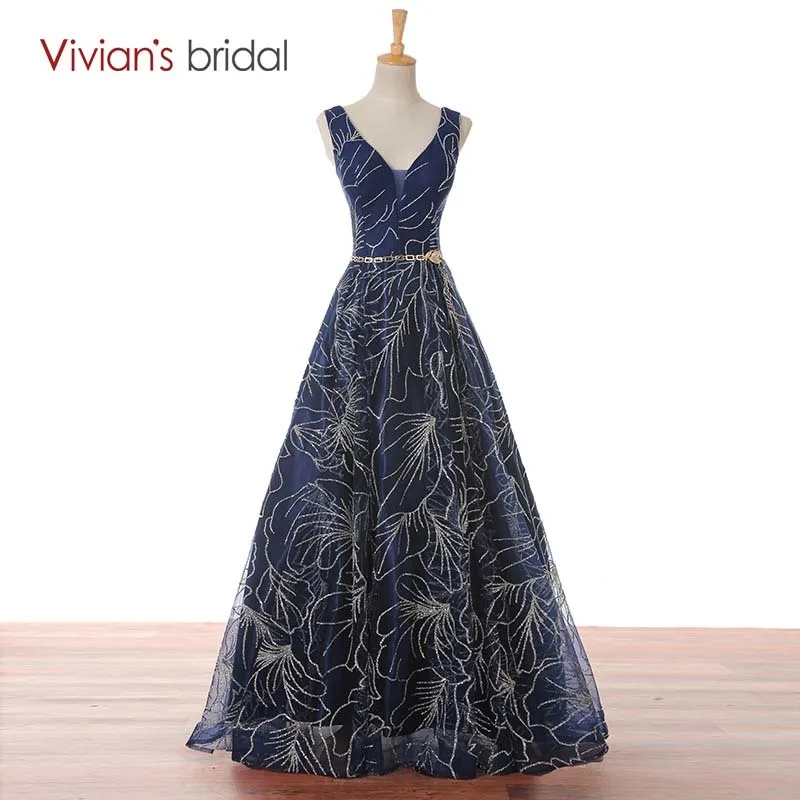 Vivian's Bridal темно-синее вечернее платье трапециевидной формы без рукавов с v-образным вырезом длинное платье для выпускного вечера Вечернее платье
