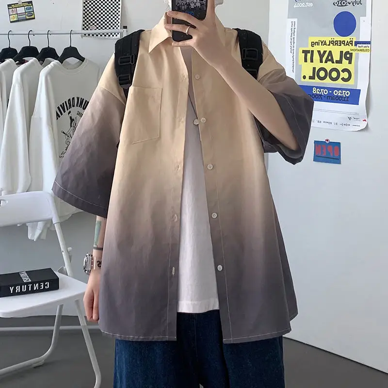Summer Short-sleeved Shirt Men's Fashion Retro Gradient Shirt Men Streetwear Korean Loose Casual Shirts Mens Dress Shirt M-3XL