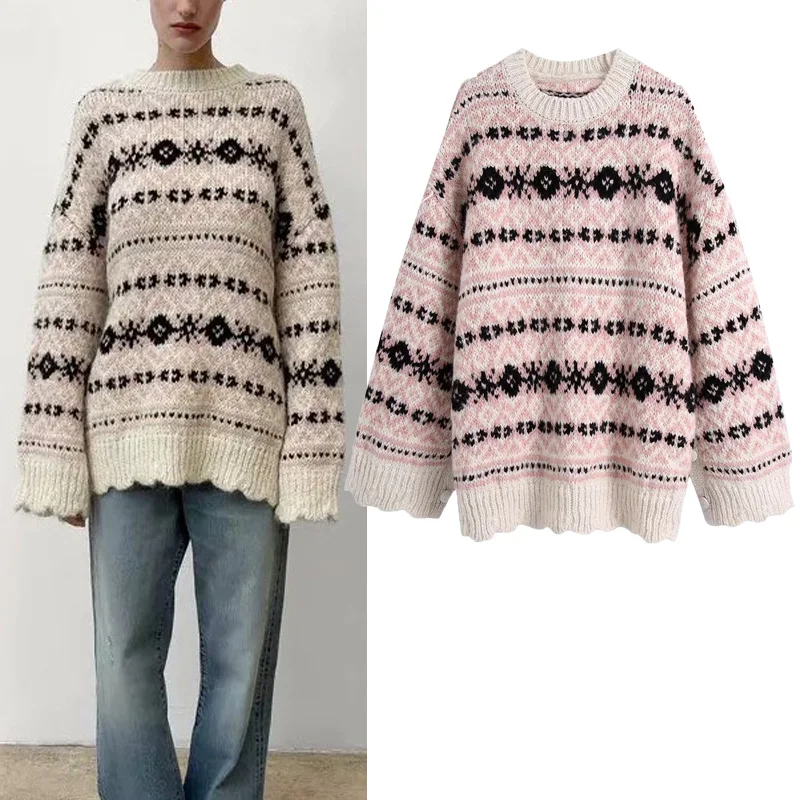 

Za 2021 Winter Print Woman's Knitted Pullover Sweater Thicken Warm Oversized Loose Sweater Round Neck Long Sleeve Street Sweater