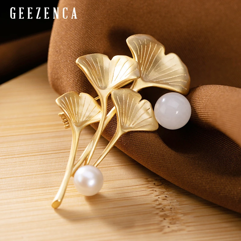 Настоящее 925 пробы серебро позолота гинкго лист Нефритовый жемчуг брошь