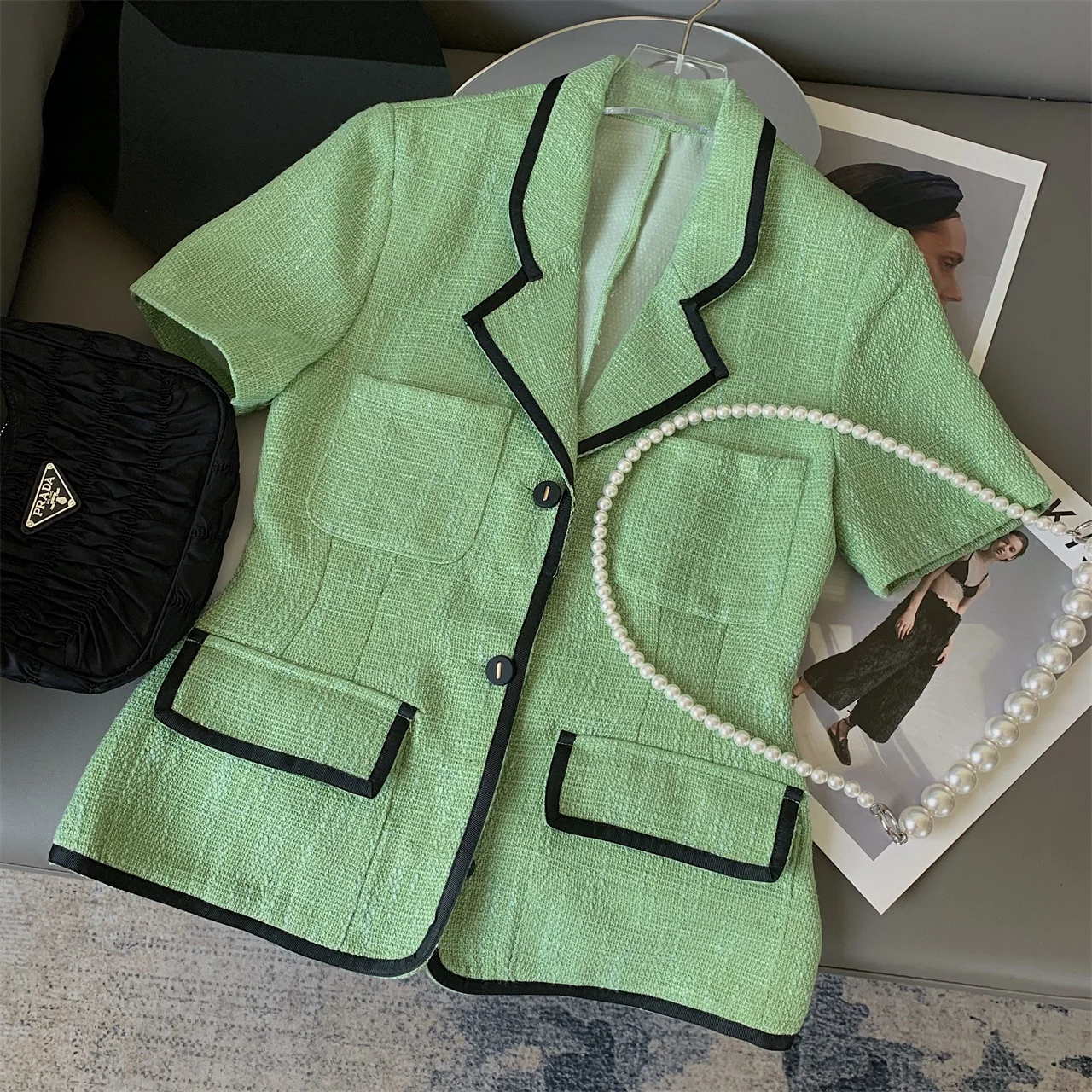 

French Style Woven Bright Line Short Sleeve Jackets Female 2021 Summer New Women Clothing Slim Waist Thin Suit Coats Green Tops