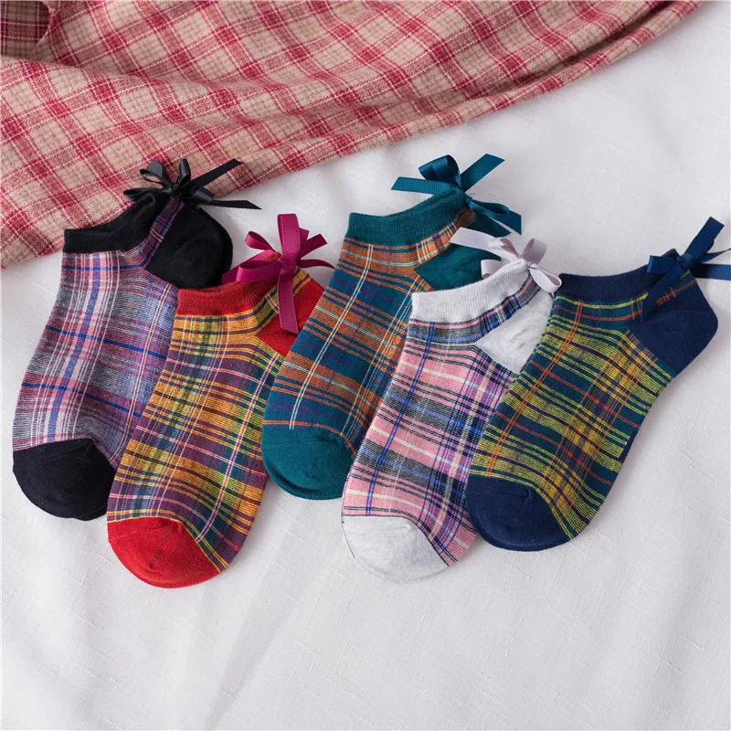 

Носки женские хлопковые, квадратные, в клетку, с бантом, винтажные, 2020