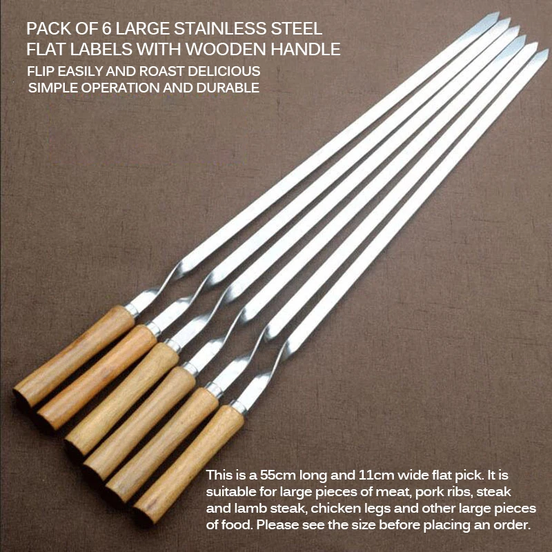 BBQ Skewer Stainless Steel Shish Kebab BBQ Fork Set Long Flat Wood Handle Barbecue Needle Meat Grill Outdoor Tools