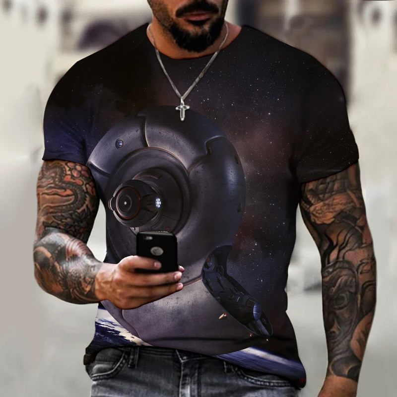 

2021 New Summer Men's T-shirt Alien Spaceship Personality Art 3D Three-dimensional Printing O-neck Fashion Cool Top