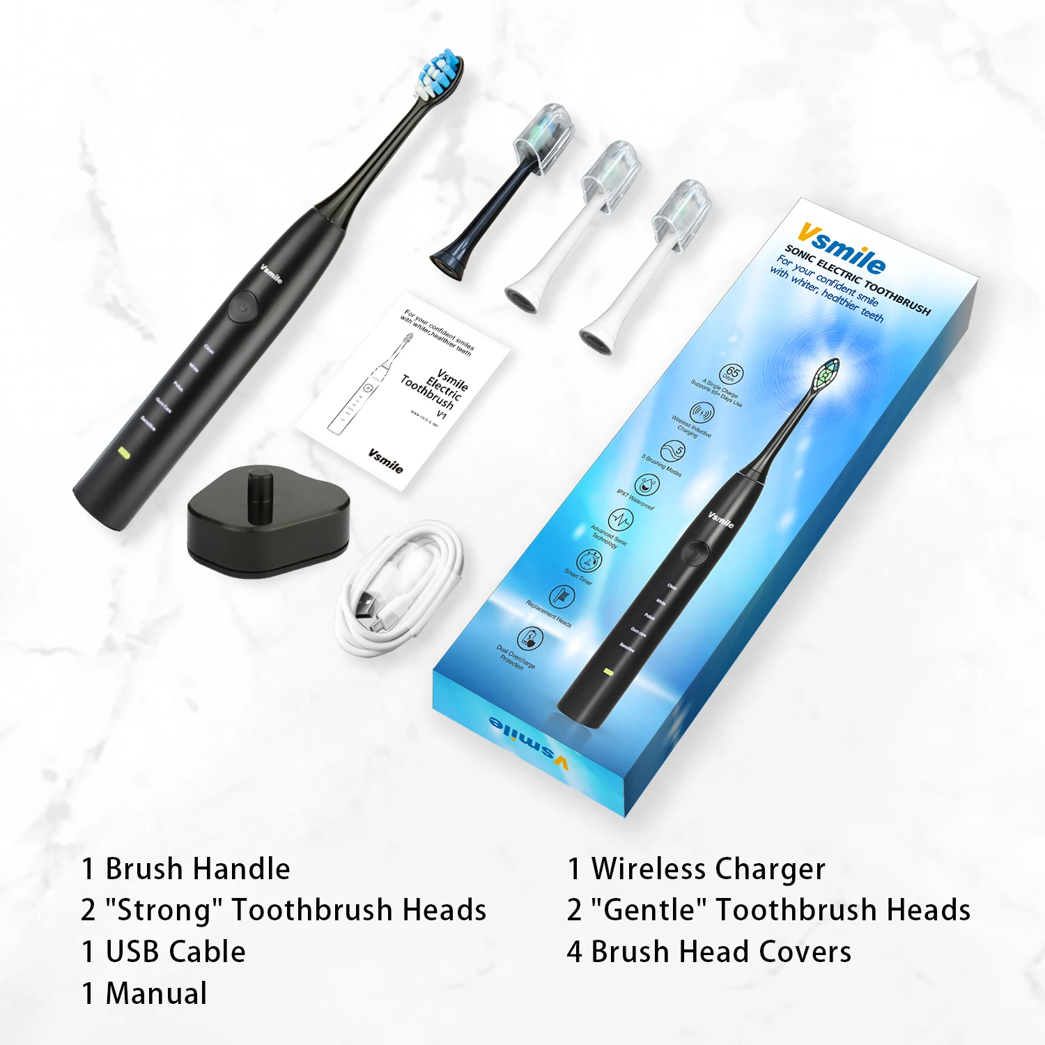 Classic Black Vsmile звуковая электрическая зубная щетка 2200 мАч батарея 80 дней на одной зарядке 5 режимов 4 щетки головы путешествия отбеливающая умная зубная щетка - Цвет: Classic Black