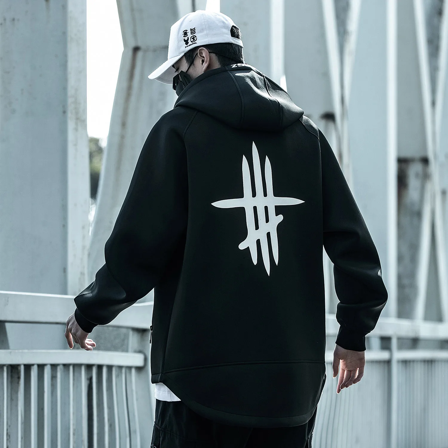 

Oblique Zipper Hip Hop Hooded Streetwear Men Cargo Jackets Coats Print Loose Black Casual Techwear Male Spring Autumn Outerwear