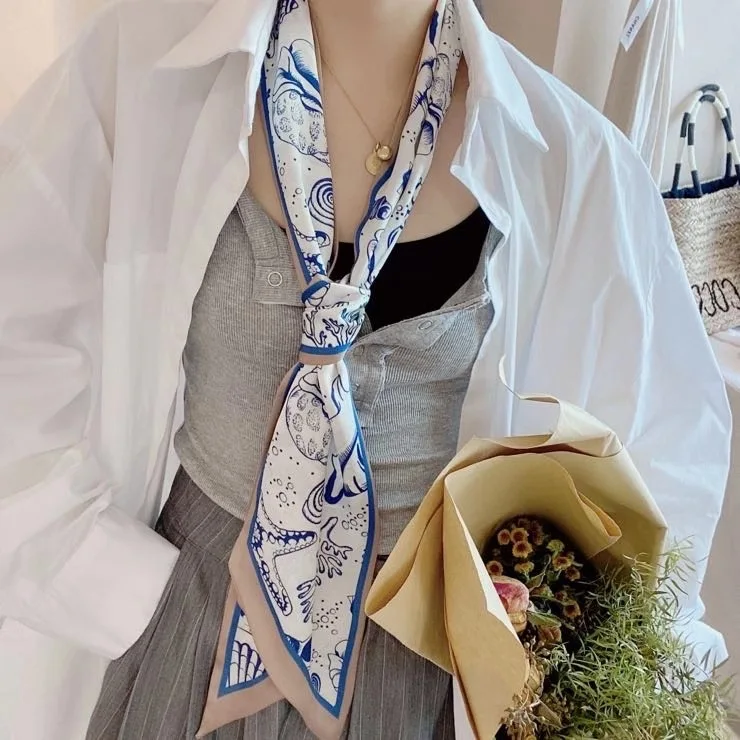 

Long Lady Bag Silk Scarf Skinny Neck Hair Scarfs for Women Band Headwear Handbag Tie Ribbons 2021 New Handle Wraps Summer