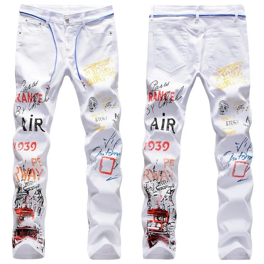 

Men's Stretch Elastic Pattern Printed Straight Jeans Denim Casual Trousers Pant