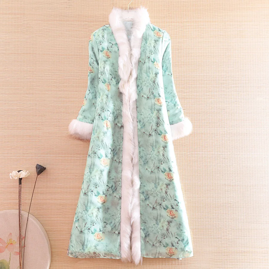 

Autumn And Winter Women Parka Outerwear Retro Print Elegant Loose Lady Warm Luxurious Thick Trench Coat Female S-XXL