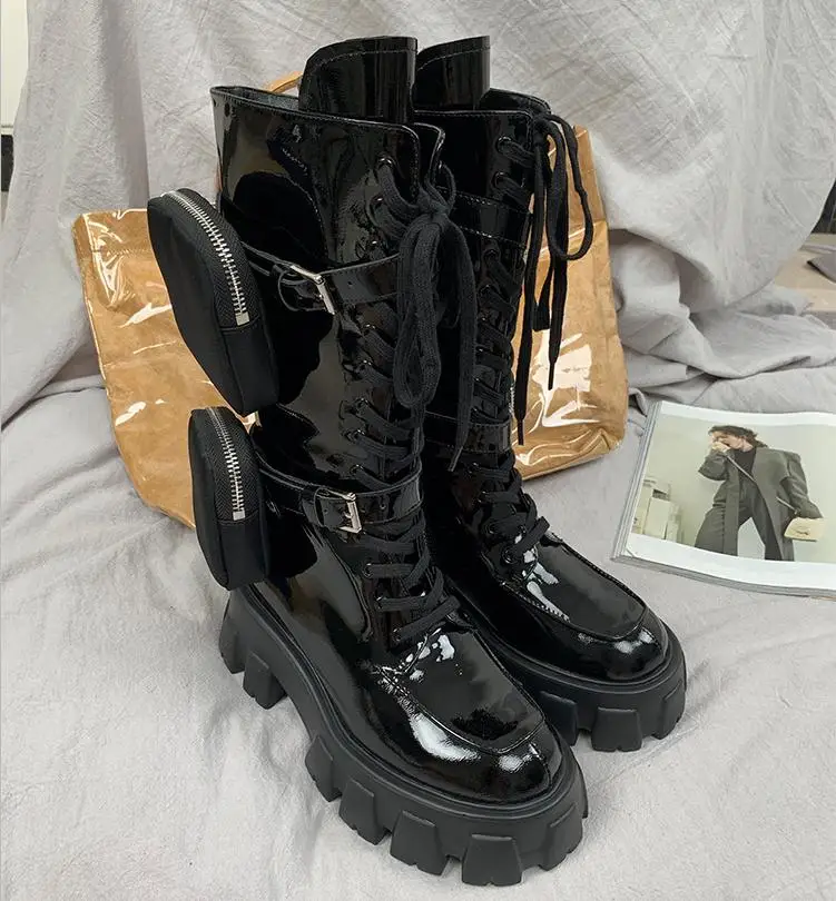 leather indise Мотоциклетные ботинки на платформе; женские кожаные ботинки; Bota Feminina; зимние ботинки; Botas Mujer; ботинки до середины икры на шнуровке; Botines Mujer; коллекция года; Zapatos De Mujer - Цвет: leather indise
