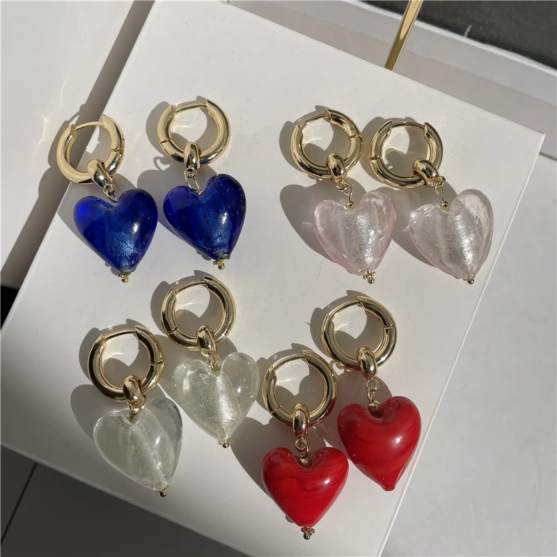 

HUANZHI 2020 Vintage Colorful Glass Love Heart Shaped Drop earrings Gold Color Metal Circel For Women Girls Travel Jewelry