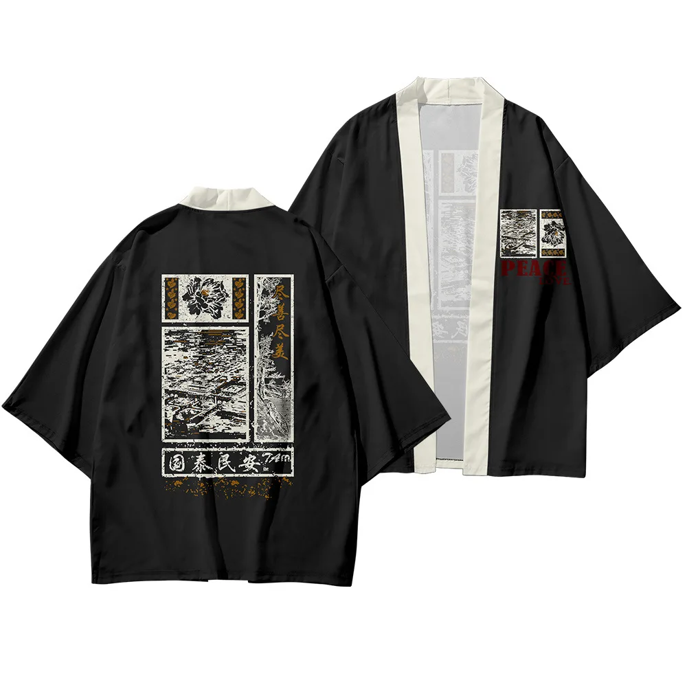 

Fashion Summer Chinese Style Black Print Coat And Pant Kimono Cardigan Kimono Haori Man Loose Thin Outer