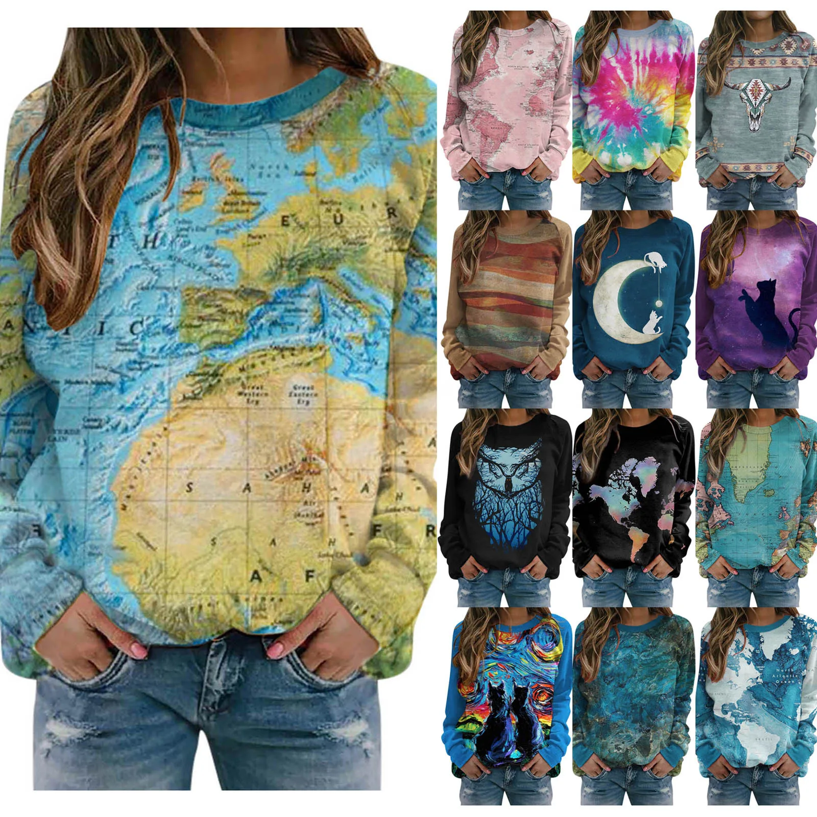 Женский свитшот с длинным рукавом и круглым вырезом принтом карты мира | Женская