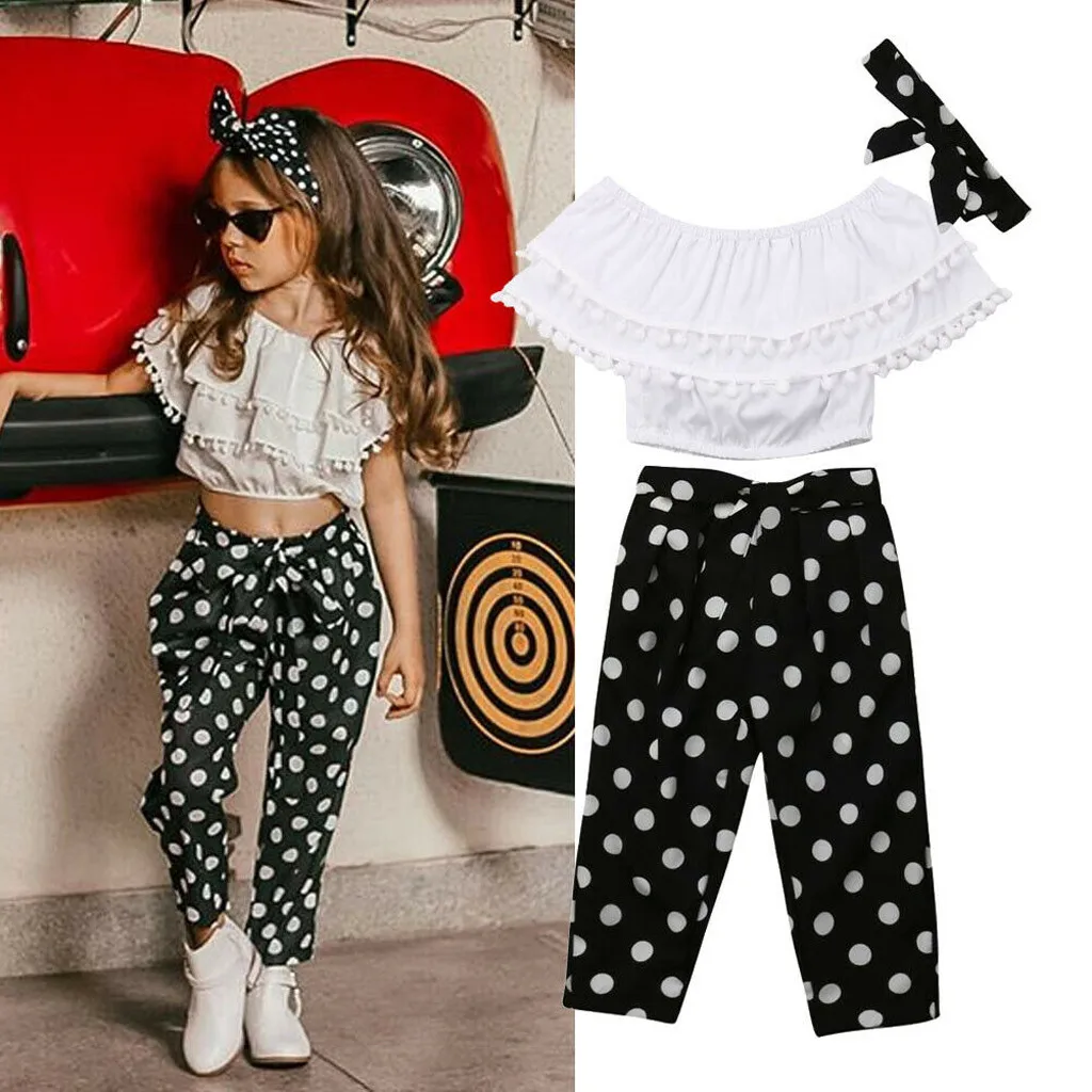 Лидер продаж модный детский комплект для девочек топ с помпоном штаны в горошек