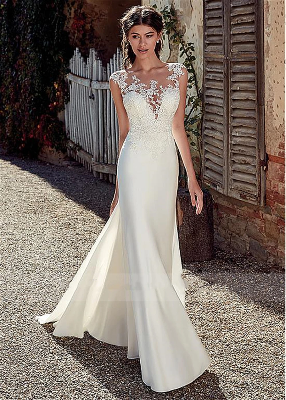 

2020 Elegant Chiffon Wedding Dress Cap Sleeve Scoop Neckline A Line Floor Length Long Lace Appliqued Brida Gown
