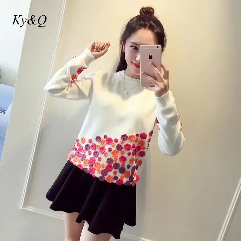 High Quality Brand Runway Women Luxury Flower Appliuques O-neck Pullover Sweater Sweet Christmas Jumper 2019 Winter | Женская одежда