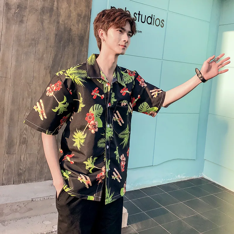 

Men Clothing 2021 Short-sleeved Shirt Male Student Half-sleeved Shirt Loose Beach Flower Shirt Hawaiian Seaside Vacation Top