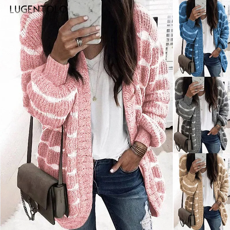

Lugentolo Women Sweater Striped Warm Cardigan Long Sleeve Autumn Winter Knitted Sweater Female Loose Sweaters