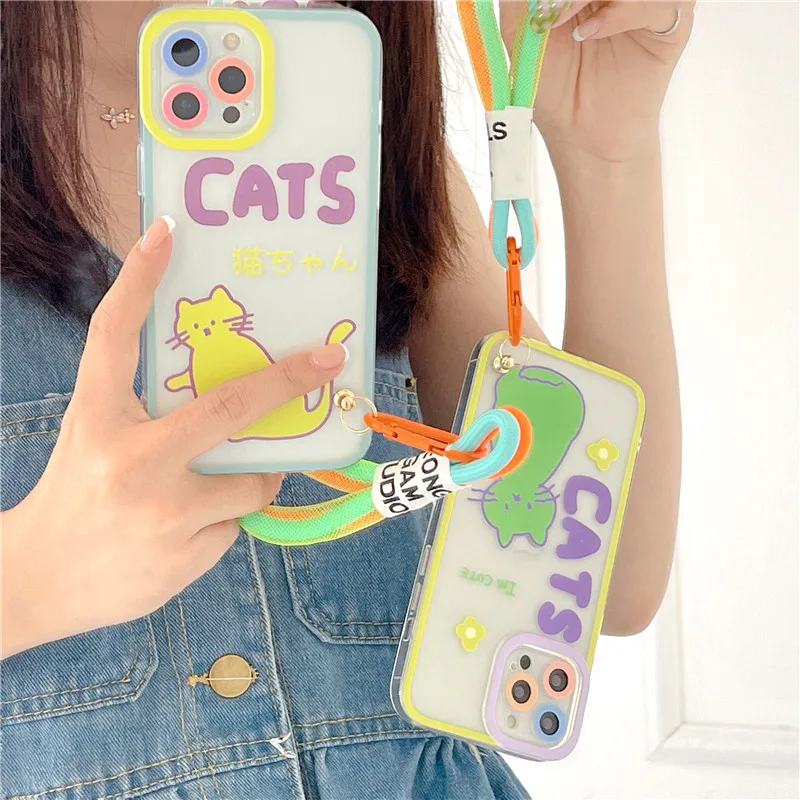 

Cute Cat Simple Fashion Case For iPhone 12 Pro Max 11 XS Max XR 7 8 Plus Anti Fall Shockproof Protective Funda With wristband
