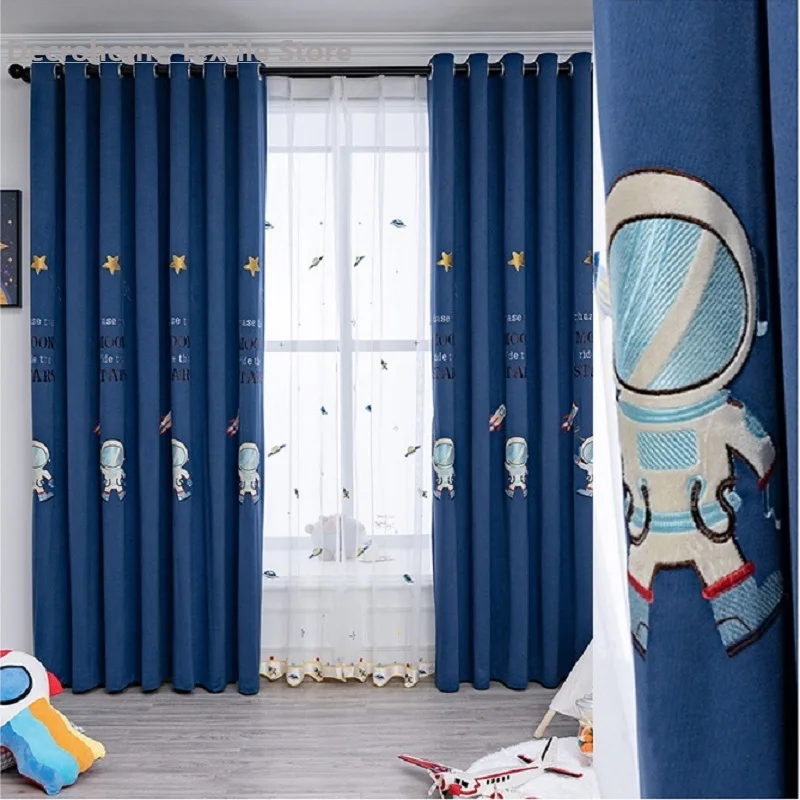 

2022 New Children's Room Cartoon Curtains Universe Rocket Plane Space Bedroom Study Blackout Curtains Suede Curtains Customized