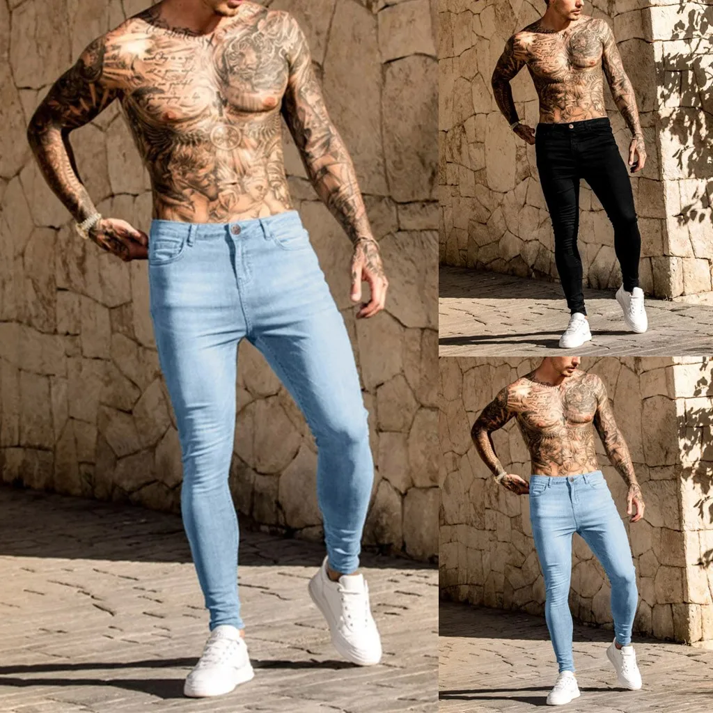 Мужские потертые джинсы модные однотонные джинсовые брюки длинные