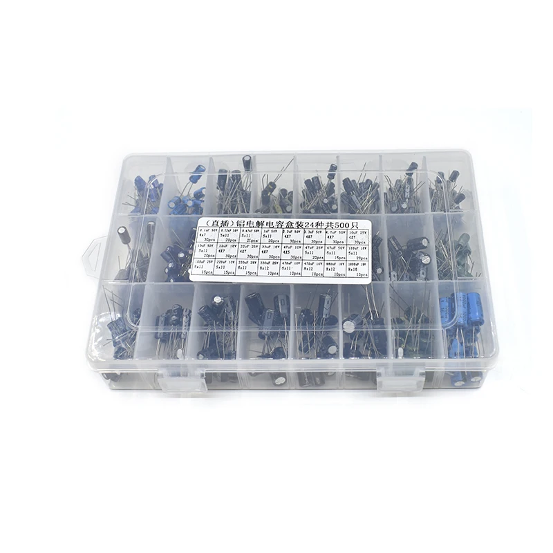 500Pcs/lot 0.1UF-1000UF 24Values Aluminum Electrolytic Capacitors 16-50V mix Electrolytic capacitor Assorted kit and storage box