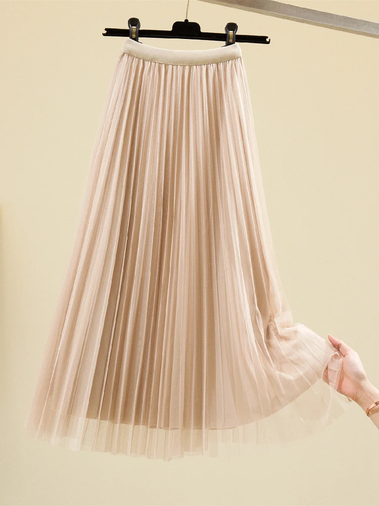 

Spring New Oversized Pleated Skirt Women's Beach High Waist Drooping Loose Mesh A- Line Mid-Length Skirt Female Office Skirt
